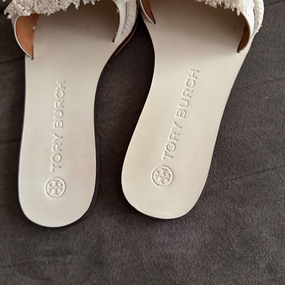 Tory Burch White Fringe Knot Leather Slide Sandals Size 7M - Picture 5 of 7
